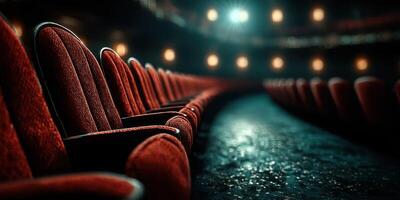 Rows of empty red velvet theater seats illuminated by soft light during a quiet performance night photo