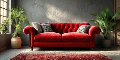 Bright red sofa in a stylish living room surrounded by greenery and decorative elements photo