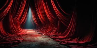 Red velvet curtains part to reveal a mysterious spotlight in a theatrical setting at night photo