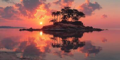 Sunset reflects on calm waters near a tropical island surrounded by palm trees and vibrant clouds photo