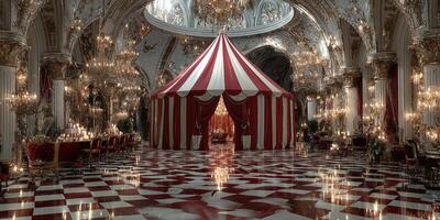 Striking red and white circus tent in an opulent hall with intricate chandeliers and a checkered floor photo