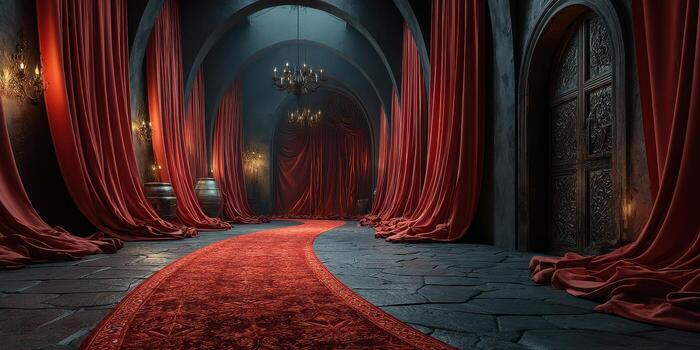 Grand entrance hall adorned with red curtains, chandeliers, and a plush red carpet in an opulent setting photo