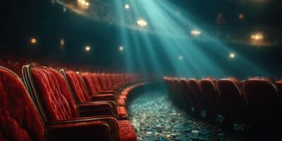 Rows of vintage red seats illuminated by soft beams of light in an empty theater with scattered leaves on the floor photo
