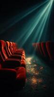 Empty theater seats illuminated by soft light create an inviting yet lonely atmosphere in a dim space photo