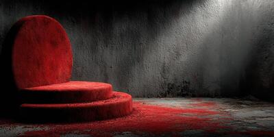 Circular red seating area in a dimly lit room with textured walls and dramatic lighting photo