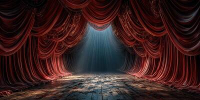 Dramatic stage with red curtains and soft lighting creates an inviting atmosphere for performances and events photo