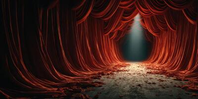 Curtained theater stage with dramatic red drapes and scattered petals illuminated by a spotlight for an elegant performance setting photo