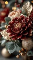 Elegant floral arrangement with rich colors and festive decorations in a cozy setting during the holiday season photo