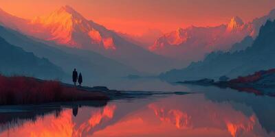 Majestic mountains reflect on serene lake at sunset with two silhouetted figures walking along the shore photo