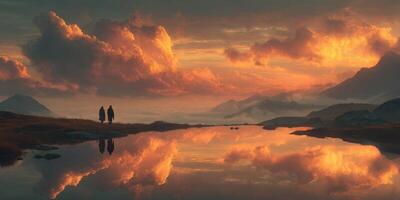 Sunset hike through mountain landscapes with reflection in tranquil water photo