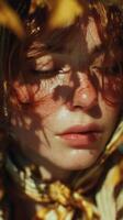Young woman with natural beauty and freckled skin captured in soft sunlight filtering through leaves during a tranquil moment outdoors photo