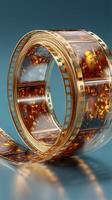 Golden film reel with sparkling elements creates a stunning visual effect in artistic display photo