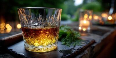 Golden whiskey in a crystal glass set on a rustic surface with warm candlelight glowing in the background during an evening gathering photo