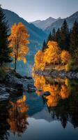 Autumn landscape with golden trees reflecting in calm lake and mountains in background at dawn photo
