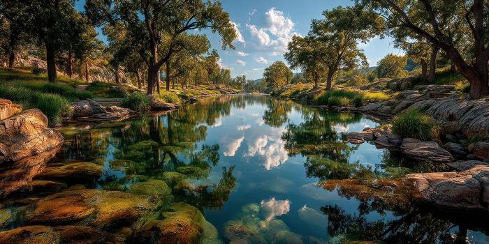 Tranquil river flowing through a rocky landscape on a sunny afternoon with fluffy clouds reflecting in clear water photo