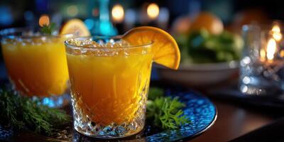 Bright orange cocktails with garnishes served at an evening gathering with soft lighting ambiance photo