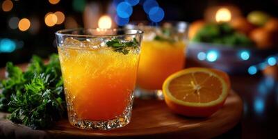 Refreshing citrus cocktails with vibrant colors and garnishes served on a wooden platter photo