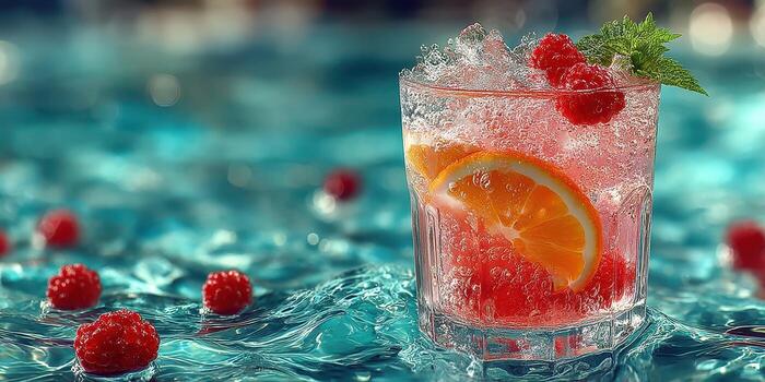 Vibrant summer drink with raspberries and citrus in refreshing pool setting photo