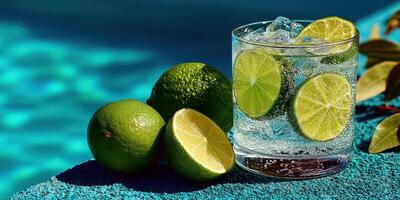 Refreshing cocktail by the pool with fresh limes on a sunny day photo