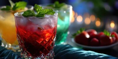 Colorful cocktails with mint garnish served at a summer gathering during an evening celebration photo