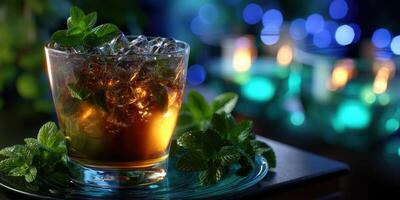 Refreshing cocktail with ice and mint leaves on a table at a festive evening gathering photo