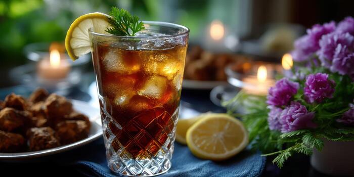 Refreshing iced tea served with lemon and herbs alongside snacks in a cozy setting photo