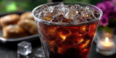 Refreshing iced beverage served with pastries in a cozy setting during late afternoon photo