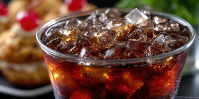 Refreshing beverage with ice served alongside delicious desserts at a gathering photo