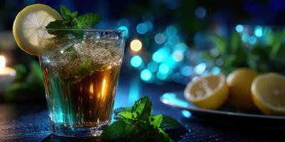 Refreshing mint tea served in a glass with lemon slice and ice complemented by fresh mint leaves photo