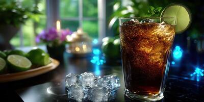 Refreshing beverage with lime and mint garnishes served on a stylish counter in a cozy setting during twilight hours photo