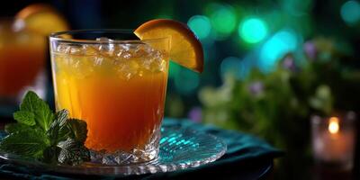 Refreshing orange cocktail garnished with mint and a slice of orange on a vibrant table photo