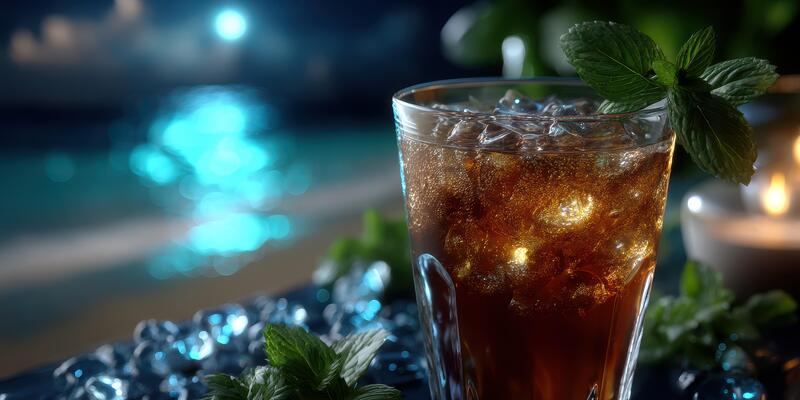 Refreshing beverage served in a glass with mint leaves beside a shimmering beach at night with ambient lights
