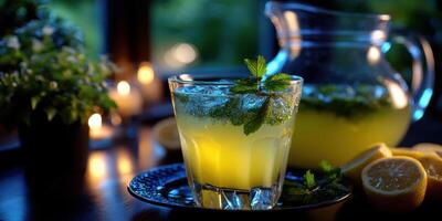 Refreshing mint lemonade served in a glass with a pitcher and lemon slices on a wooden table during an evening gathering photo