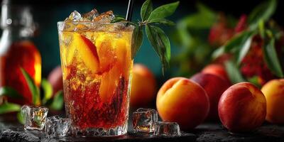 Refreshing peach iced tea cocktail served with fresh peaches and ice for a summer gathering at a garden photo