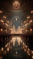 Elegant theater interior decorated for Christmas with illuminated trees amidst a festive atmosphere in the evening photo