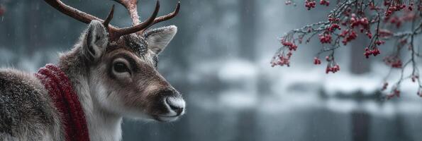 Reindeer in winter landscape with red berries and soft snowfall near calm water in tranquil forest setting photo