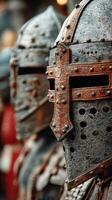 Medieval knights in armor during a reenactment in a lively historical festival setting photo