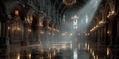 Grand hall illuminated by soft light revealing intricate architectural details in a peaceful ambiance photo