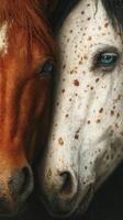 Close-up view of two horses displaying their unique features and expressions during a peaceful moment together photo