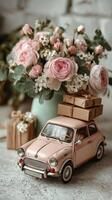 Cute pink car with gifts and flowers arranged in a decorative setting for a charming still life display photo