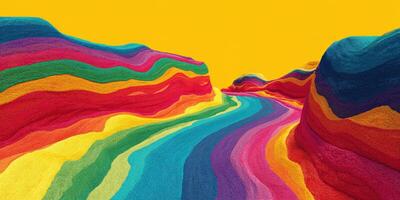Vibrant multicolored landscape with swirling patterns of sand against a bright yellow background during daylight photo