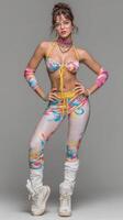 Brightly colored summer outfit showcases vibrant fashion trends with a stylish model posing indoors photo
