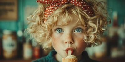 Curly-haired child enjoys ice cream treat in colorful cafe on a sunny afternoon photo