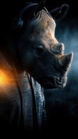 Unique artistic portrayal of a rhino character wearing headphones and a hoodie in a creative setting photo