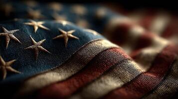 Flag waves gently in the breeze, showcasing vibrant red, white, and blue colors against a dark backdrop photo
