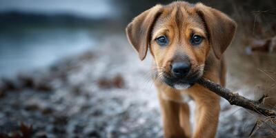 Playful puppy with stick at seashore during cool afternoon photo