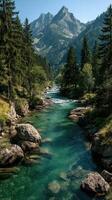 Scenic mountain river flows through lush forest on a clear day with peaks rising in the background photo