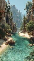 Beautiful turquoise river winding through rocky canyon surrounded by lush trees under bright blue sky photo