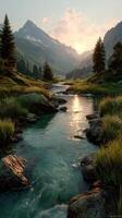 Sunset overlooking a tranquil river flowing through a mountain valley with lush greenery photo