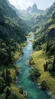 Serene mountain valley with flowing river under clear blue sky during daytime photo